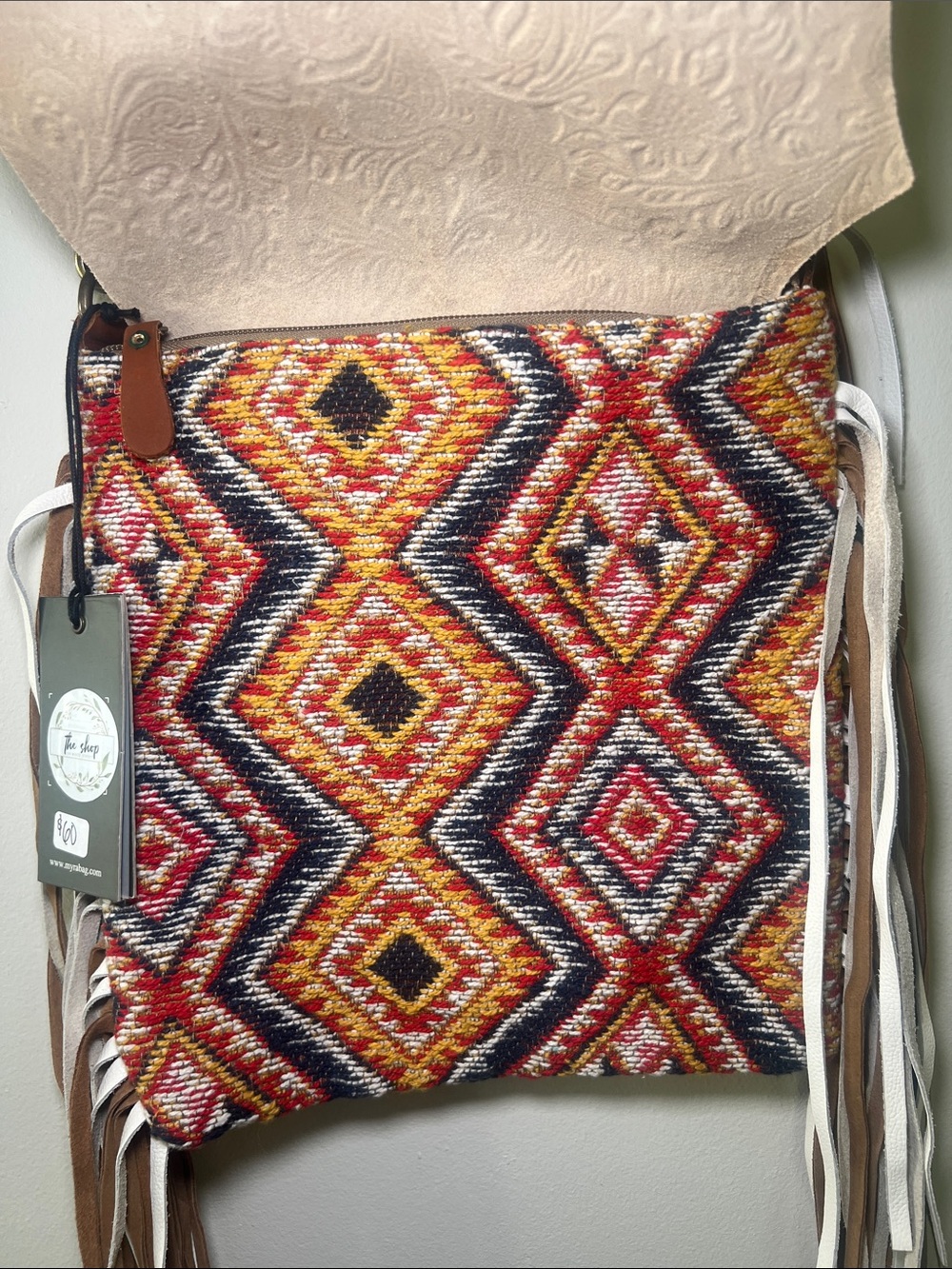 Myra Bag Brown Leather-Trim Fringe Crossbody with Patterned Weave - Picture 3 of 5